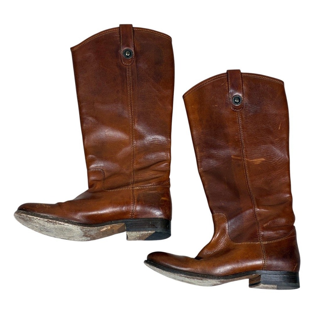 Frye Melissa Button Solid Riding Boots Brown Leat… - image 1